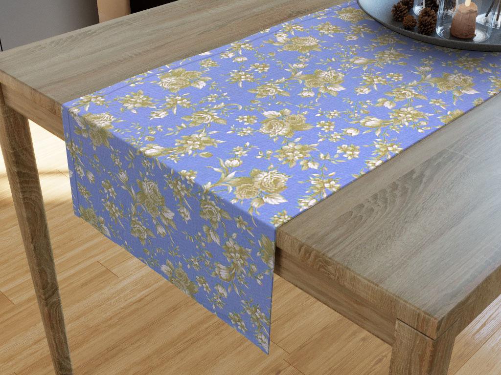 MESTRAL pamut asztali futó - aranyszínű virágok kék alapon