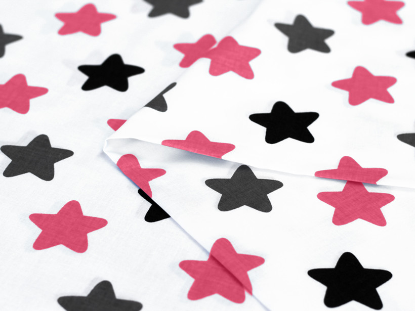 Pamutvászon - cikkszám 899, rózsaszínű és fekete csillagok fehér alapon