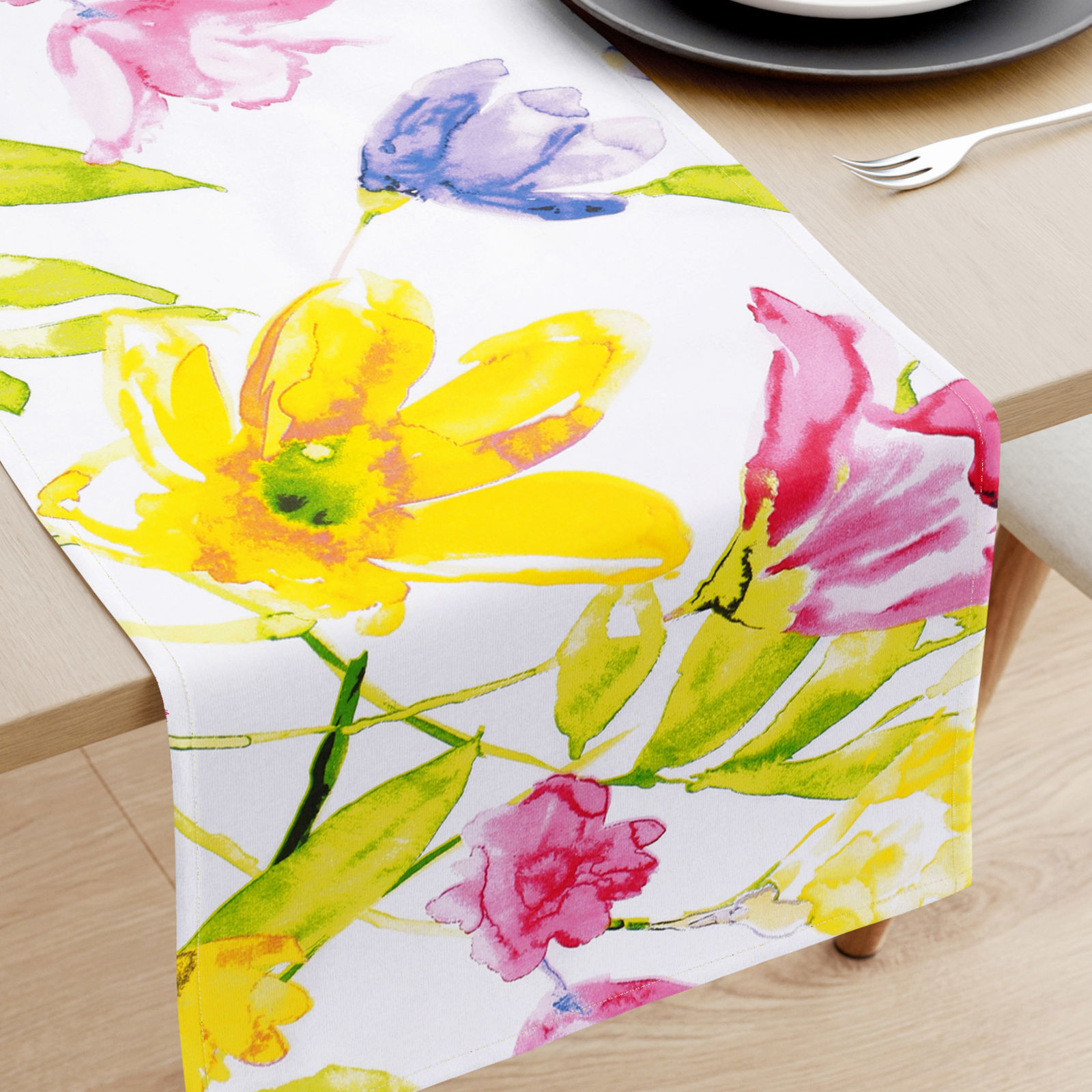 Pamut asztali futó - akvarell virágok