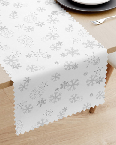 Karácsonyi teflonbevonatú asztali futó - ezüst hópihék fehér alapon