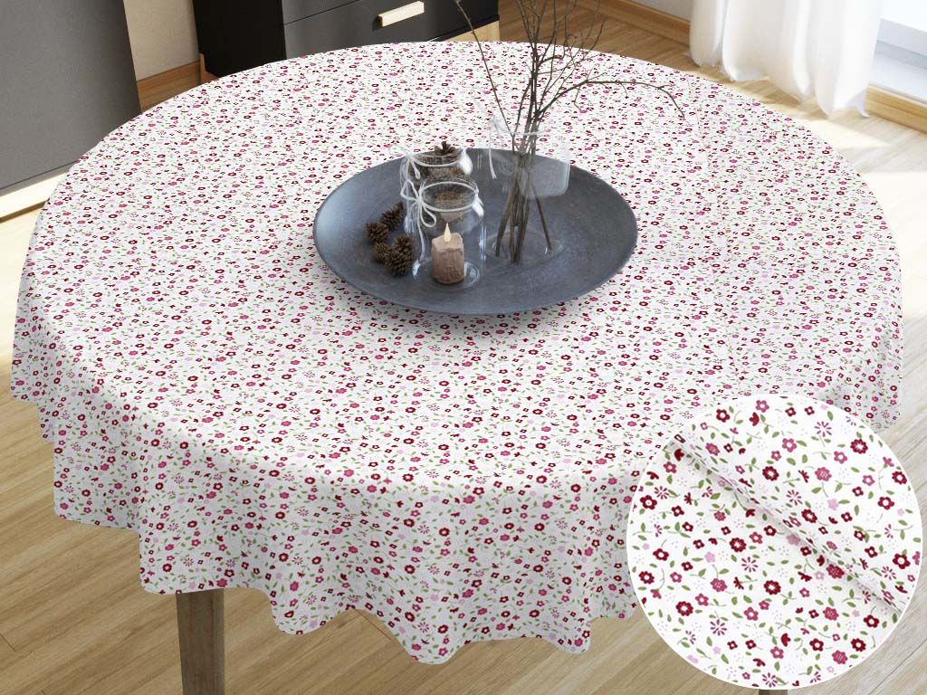Pamut asztalterítő - rózsaszínűre festett virágok - kör alakú