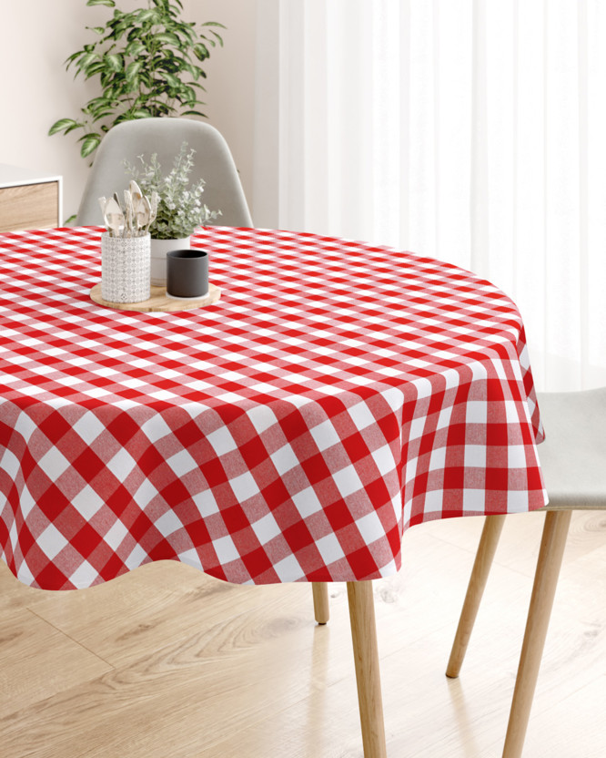Kör alakú pamut asztalterítő - nagy piros-fehér kockás