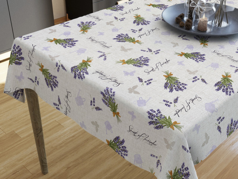VERONA dekoratív asztalterítő - levendulavirágok és lepkék - vászonszövésű starý