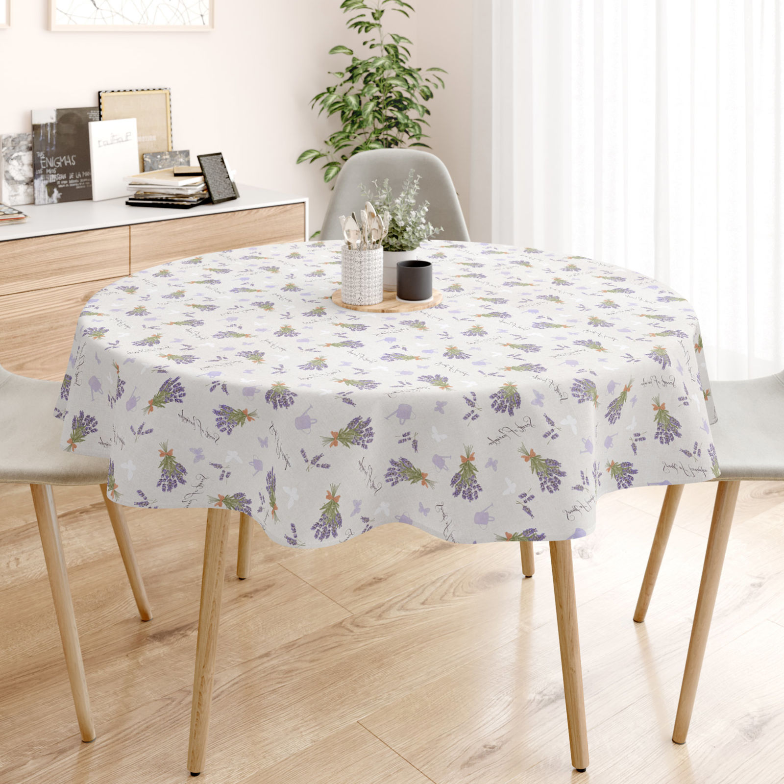 LONETA dekoratív asztalterítő - levendulavirágok és lepkék - vászonszövésű - kör alakú