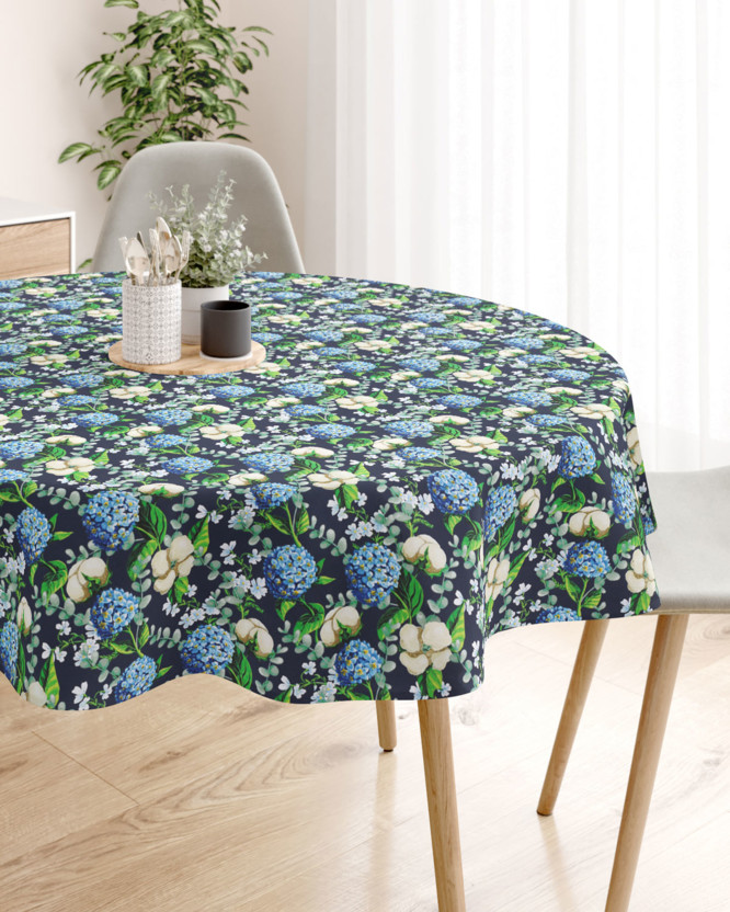 Pamut asztalterítő - kék színű hortenzia virágok - kör alakú