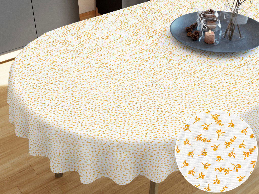 Pamut asztalterítő - sárga virágok fehér alapon - ovális
