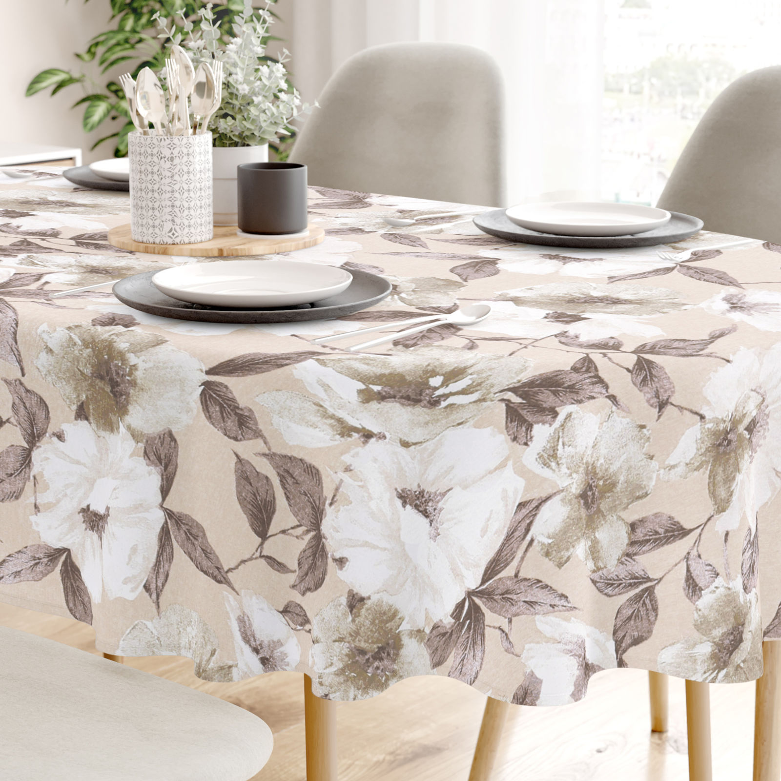 Loneta dekoratív asztalterítő - barna - fehér virágok és levelek - ovális