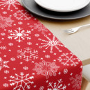 Karácsonyi pamut asztali futó - hópihék piros alapon