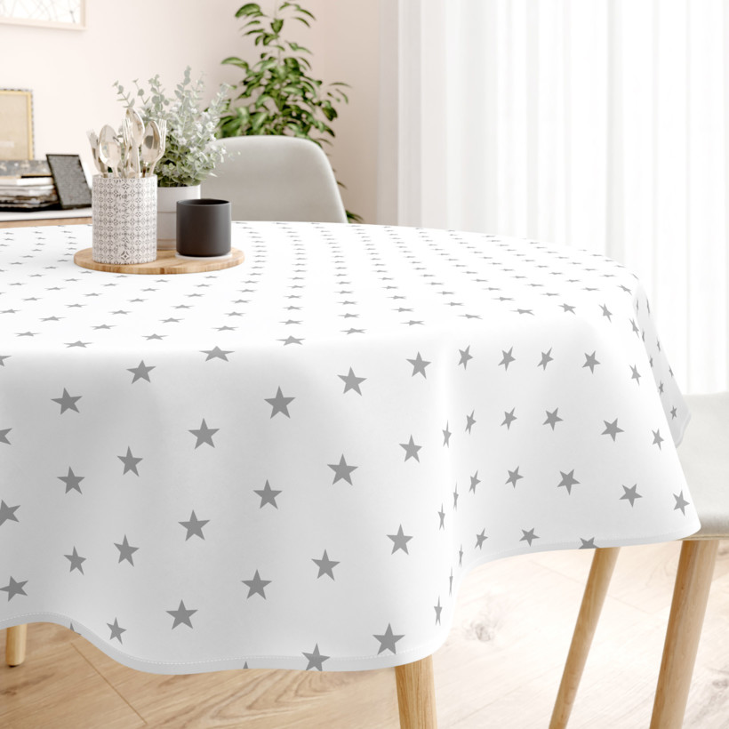 Pamut asztalterítő - szürke csillagok fehér alapon - kör alakú