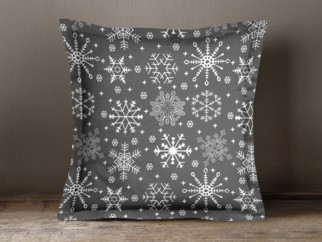 Karácsonyi pamut párnahuzat dekoratív szegéllyel - hópihe mintás szürke alapon