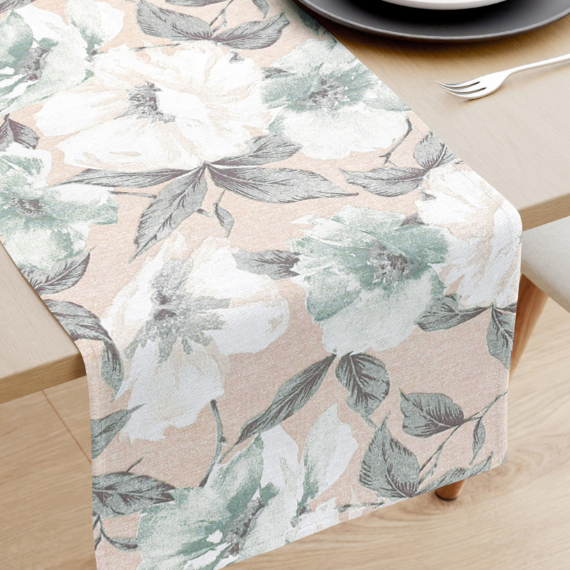 Loneta dekoratív asztali futó - fehér és zsálya színű virágok