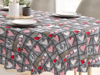 Pamut asztalterítő - piros szívek sötétszürke alapon - ovális