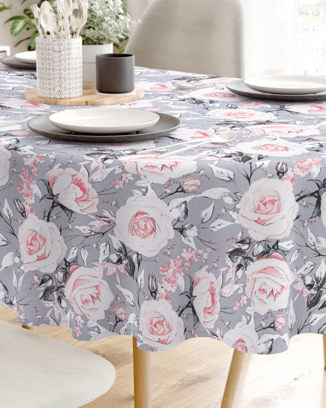 Pamut asztalterítő - régi rózsaszín virágok - ovális