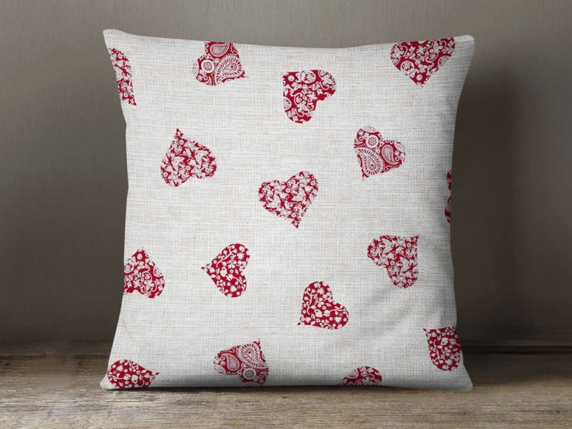 LONETA dekoratív párnahuzat - piros szívek / világos vászonszövésű