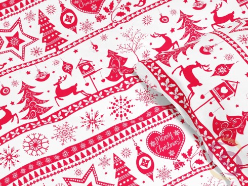 Karácsonyi pamut ágyneműhuzat - cikkszám B - 1068 piros színű karácsonyi szimbólumok fehér alapon