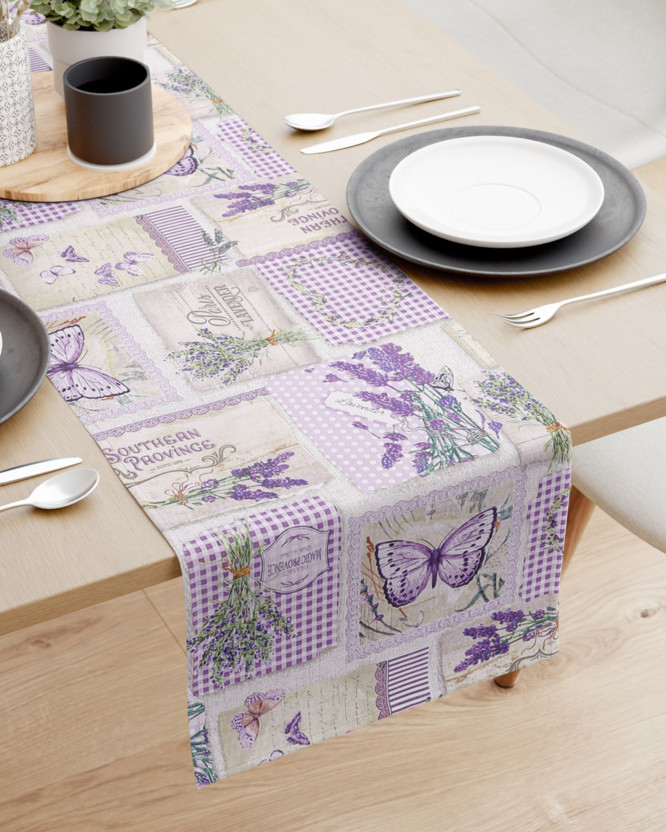 Pamut asztali futó - patchwork levandula és pillangó mintás