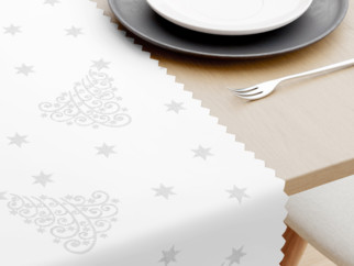 Teflonbevonatú asztali futó - ezüstszínű karácsonfák és csillagok