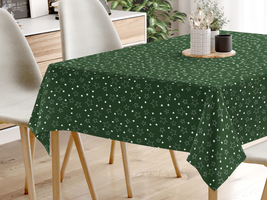 Karácsonyi pamut asztalterítő - fehér csillagok zöld alapon