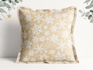Karácsonyi pamut párnahuzat dekoratív szegéllyel - hópihe mintás aranyszínű alapon