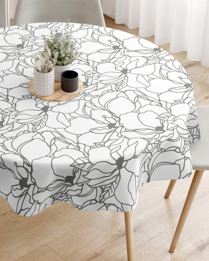 Pamut asztalterítő - sötétszürke virágok fehér alapon - kör alakú