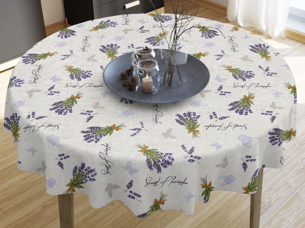 VERONA dekoratív asztalterítő - levendulavirágok és lepkék - vászonszövésű - kör alakú starý