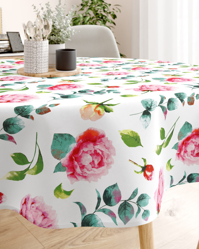 Pamut asztalterítő - pünkösdi rózsák - kör alakú