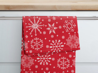 Karácsonyi pamut konyharuha - cikkszám 090 hópihék  piros alapon