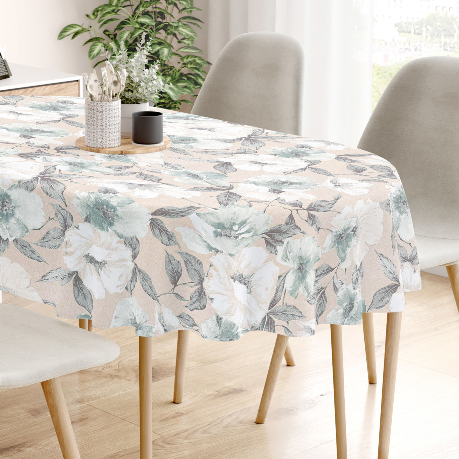 Loneta dekoratív asztalterítő - fehér és zsálya színű virágok - ovális
