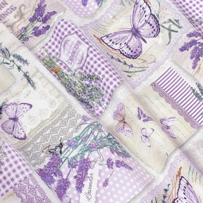 Pamut drapéria - patchwork levandula és pillangó mintás