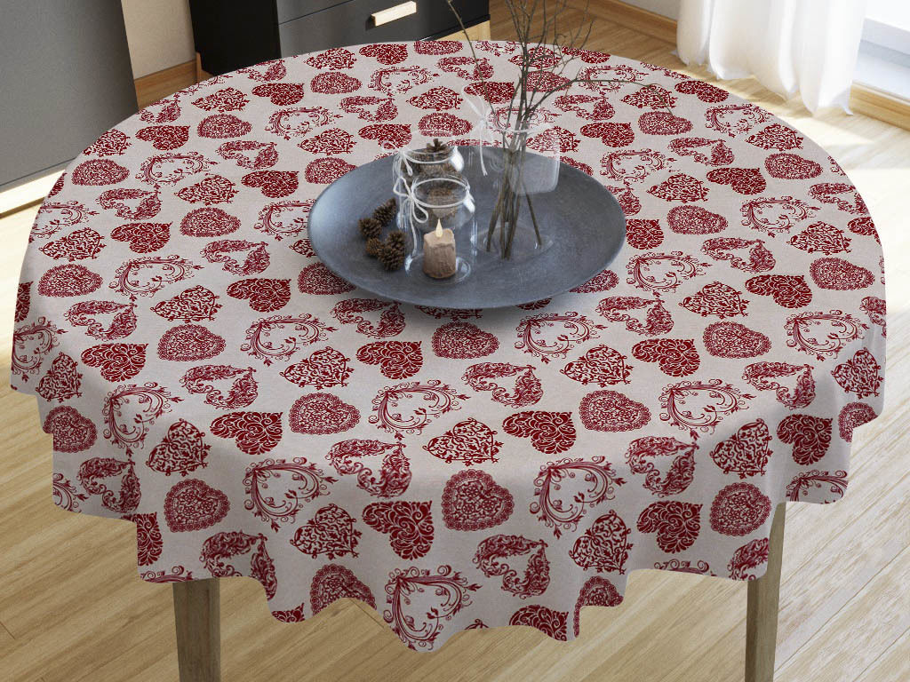 LONETA dekoratív asztalterítő - piros szívek - vászonszövésű - kör alakú