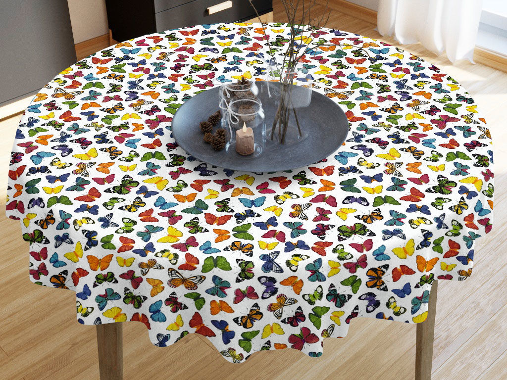 VERONA dekoratív asztalterítő - Színes pillangó mintás fehér alapon - kör alakú