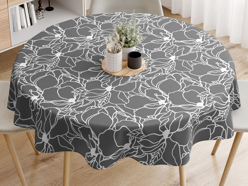 Pamut asztalterítő - fehér virágok sötétszürke alapon - kör alakú