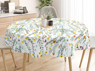 Pamut asztalterítő - festett virágok és levelek - kör alakú