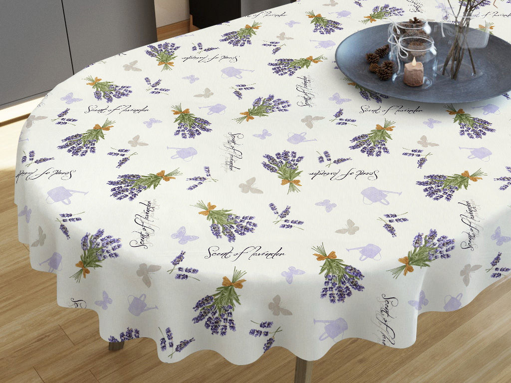 VERONA dekoratív asztalterítő - levendulavirágok és lepkék krémszínű alapon - ovális