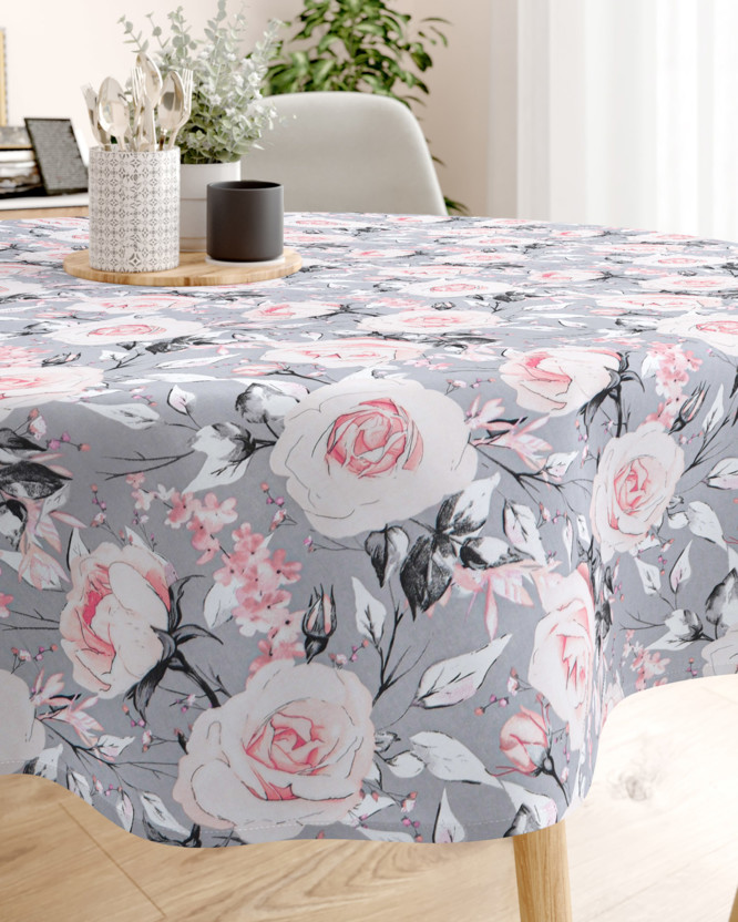 Pamut asztalterítő - régi rózsaszín virágok - kör alakú