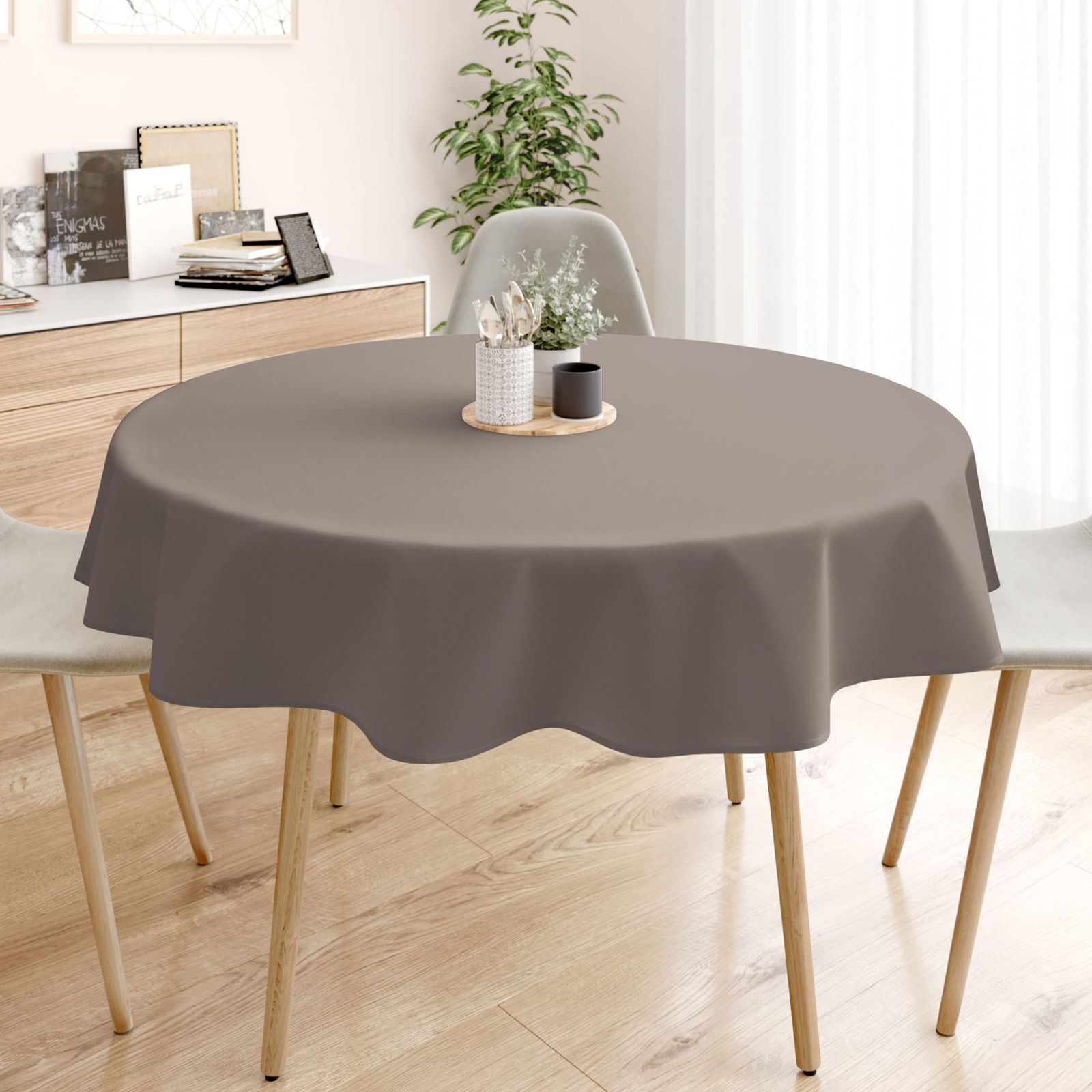 Dekoratív asztalterítő Rongo Deluxe - szürkésbarna, szatén fényű - kör alakú