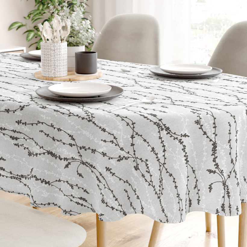 Loneta dekoratív asztalterítő - fekete - fehér ágak világosszürke alapon - ovális