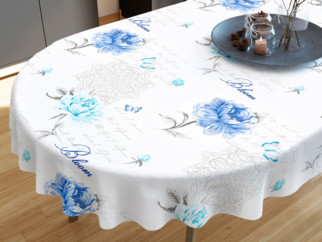 Pamut asztalterítő - kék pünkösdi rózsák és idézetek - ovális