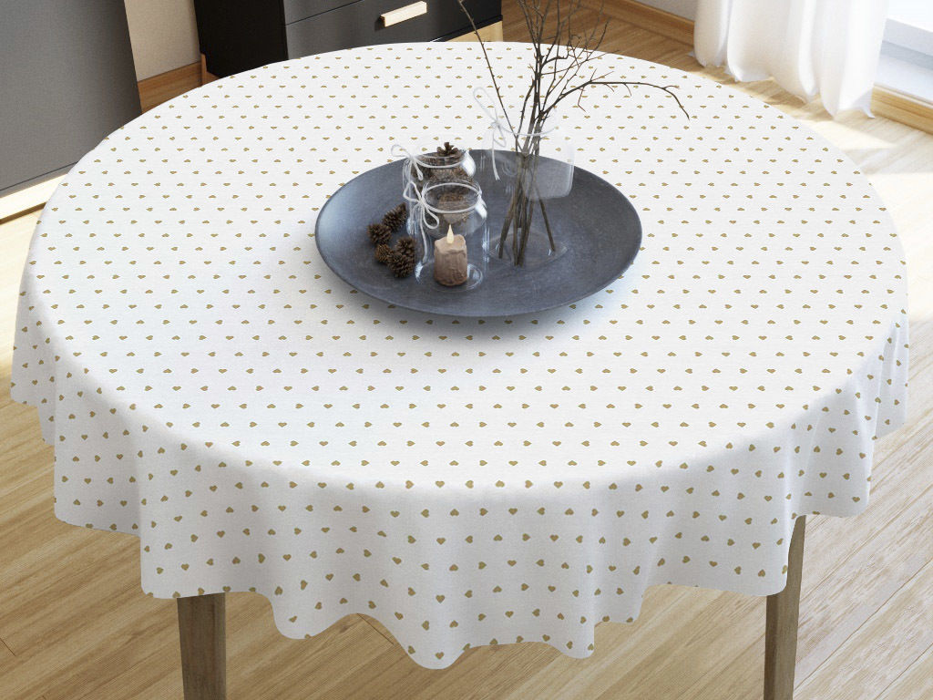 LONETA dekoratív asztalterítő - aranybézs szívek fehér alapon - kör alakú