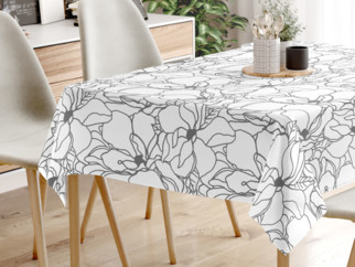 Pamut asztalterítő - sötétszürke virágok fehér alapon