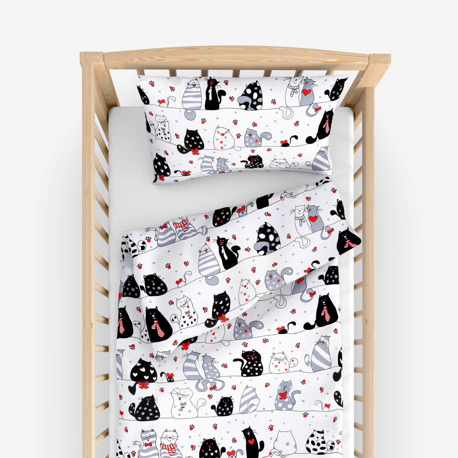 Gyermek pamut ágyneműhuzat kiságyba - cikkszám 659 komikus macskák fehér alapon