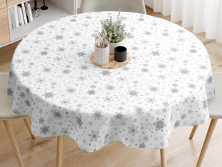 Exkluzív karácsonyi pamut asztalterítő - ezüst hópihék fehér alapon - kör alakú