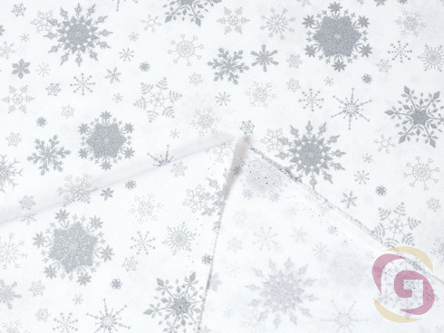 Exclusive karácsonyi pamutszövet - ezüst hópihék fehér alapon