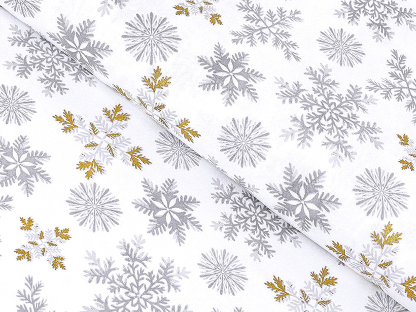 Pamutszövet - karácsonyi mintás, szürke hópihék arany csillámokkal