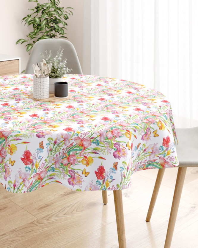 Loneta dekoratív asztalterítő - színponpás tavaszi kert - kör alakú