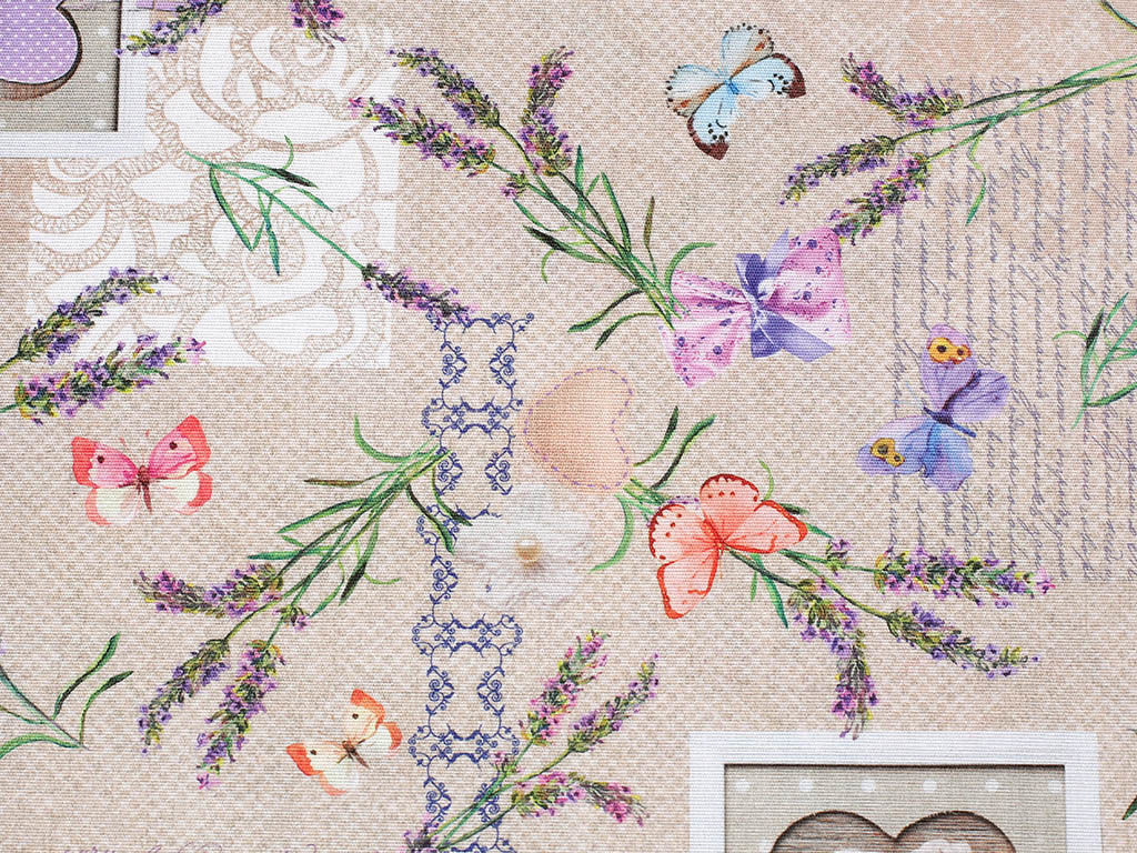 Dekoratív szövet LONETA - szívecskék, pillangók és levandula virágok