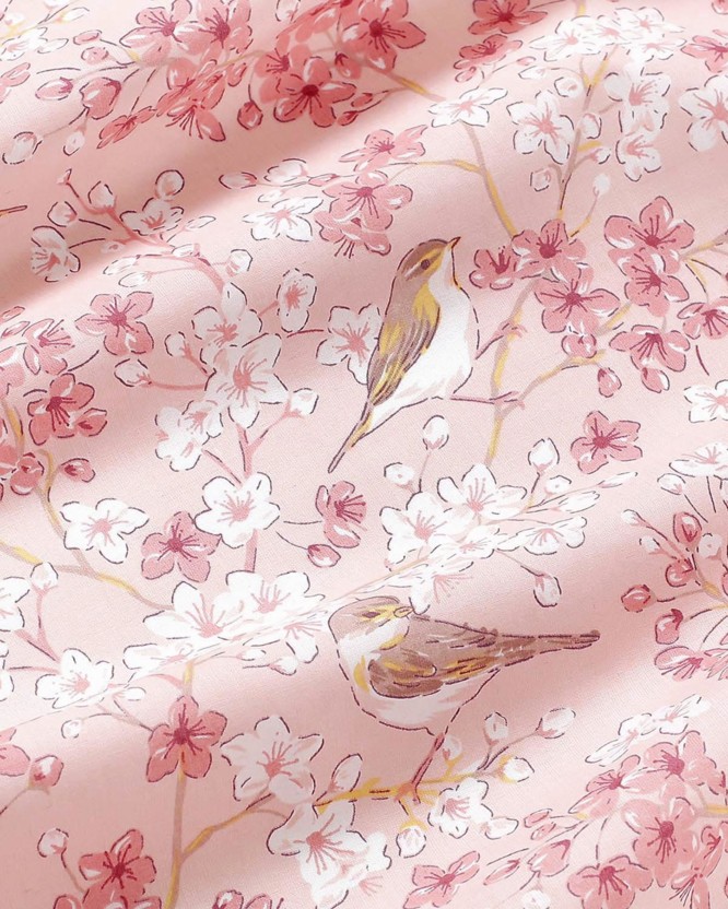 Pamutvászon Simona - rózsaszín kertben madarak