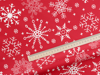 Pamutszövet - karácsonyi - hópihék piros alapon - méteráru, szél. 150 cm