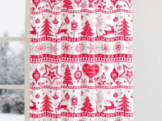 Karácsonyi pamut drapéria - piros színű karácsonyi szimbólumok fehér alapon