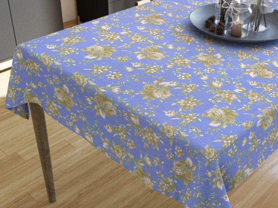 MESTRAL damaszt asztalterítő - aranyszínű virágok kék alapon